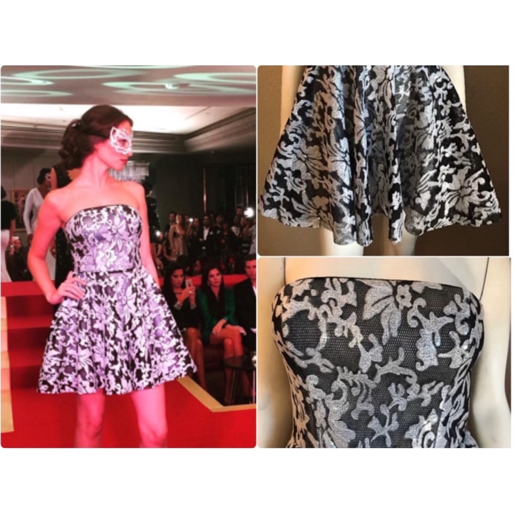 Bebe Strapless Embroidered mesh dress